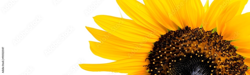 Wall mural ripe sunflower with yellow petals and dark middle, isolated on white background.