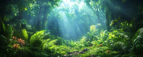 Obraz premium Mythical Amazon Forest background, realistic details, elemental magic, vibrant flora