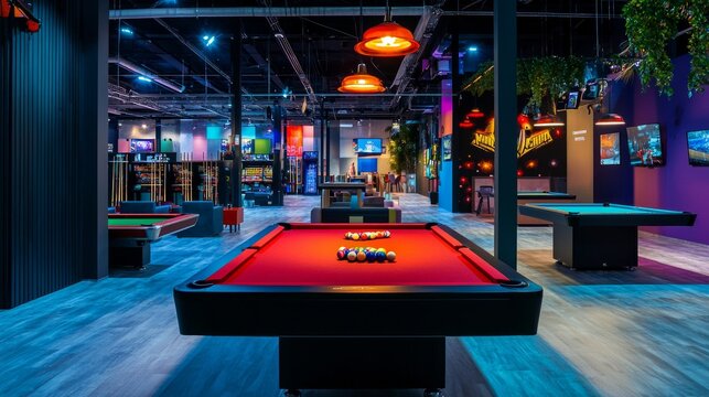 exhibition stands. arcade area with pool tables and lounge