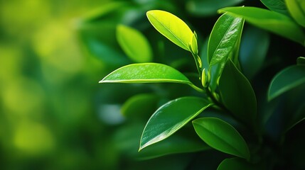 Fototapeta premium Fresh Tea Leaves: Vibrant green tea leaves, bathed in soft sunlight, symbolize growth, renewal, and the natural beauty of nature. 