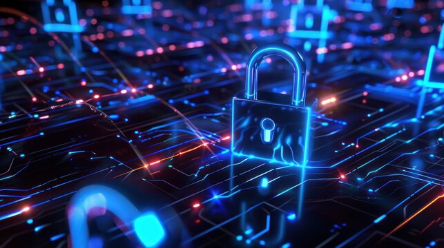 A Metallic Padlock on a Futuristic Circuit Board with Blue and Red Lighting