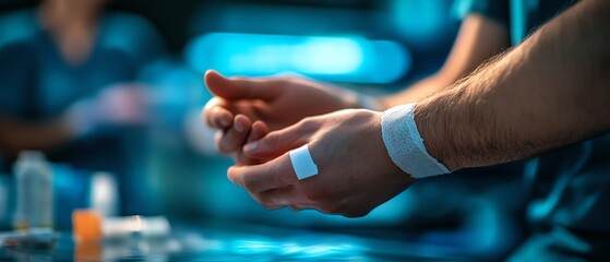 A closeup of a hand applying a sterile bandage to a minor cut, with the background softly blurred for focus on the action