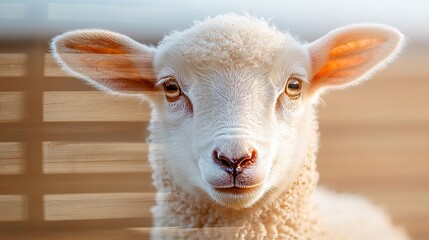 Obraz premium Adorable lamb nestled beside a rustic barn, captured in a double exposure with a vintage wooden fence, evoking countryside charm