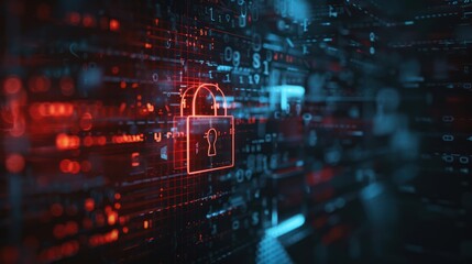 Red Glowing Padlock on Digital Background with Binary Code