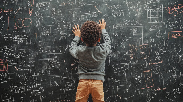 A young boy is standing in front of a blackboard with a lot of math equations on