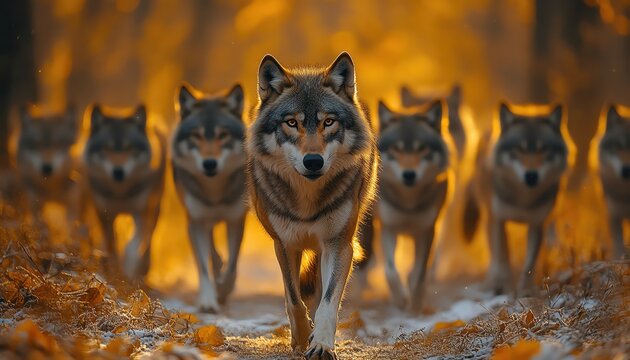 A pack of wolves walking in unison down a forest path, with dramatic lighting and motion blur, frontal shot