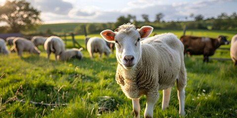 Obraz premium Curious Sheep in the Field: Livestock Grazing on a Peaceful Farm, Farm Life: Sheep Grazing in the Pasture at Sunset
