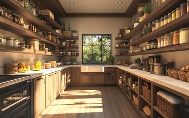 Hyperrealistic custom walkin pantry, modern farmhouse style, hyperdetailed, large space, 169