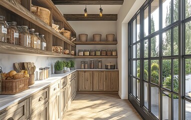 Large custom walkin pantry, modern farmhouse, hyperrealistic, hyperdetailed, 169 aspect ratio