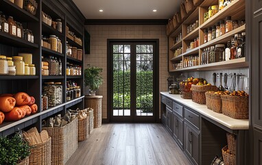 Large custom walkin pantry, modern farmhouse, hyperrealistic, hyperdetailed, 169 aspect ratio