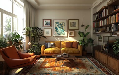 Midcentury modern boho living space, trendy decor, artistic design