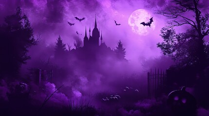 Purple Moonlight: Eerie silhouettes of a haunted castle and bats against a vibrant purple sky, with a glowing full moon casting an ominous glow on the landscape.  