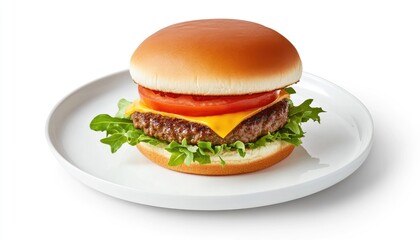 Close-up of a cheeseburger with tomato and lettuce on a white plate.