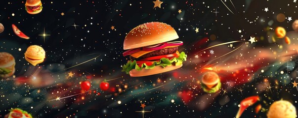 Artistic illustration of a burger floating in space - Powered by Adobe