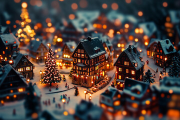 A magical Christmas scene in an old town, with festive lights captured in tilt-shift photography, creating a charming, enchanting atmosphere.