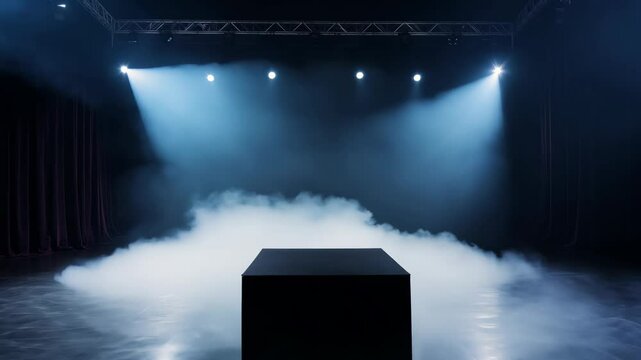A mysterious black box surrounded by smoke and stage lights during a dramatic performance