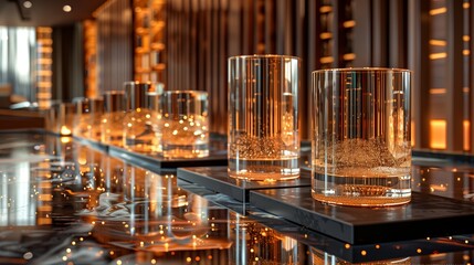 Elegant Glassware Arranged On A Luxurious Bar Counter With Warm Ambient Lighting