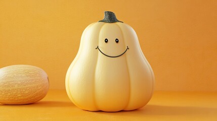 A cheerful 3D cartoon butternut squash with a happy face, set against a soft orange background, representing warmth and harvest.