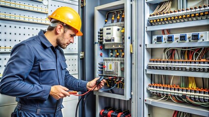Electrician engineer work tester measuring voltage and current of power electric line in electical cabinet control.and wires on relay protection system. Bay control unit. Medium voltage switchgear