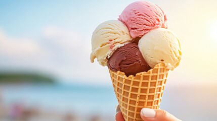 Close-up of a waffle cone with scoops of chocolate, vanilla, and strawberry ice cream melting on a sunny day.
