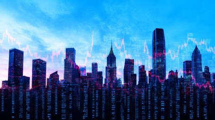 Economic Policy Changes: Abstract City Skyline with Digital Economic Data Overlays