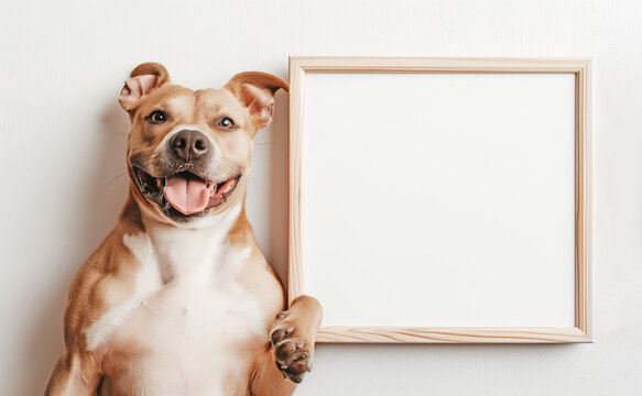 Mockup, dog holding empty frame on light background