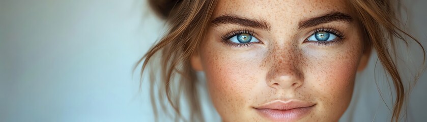 Obraz premium Young woman, flawless skin, neutral background, soft lighting, gentle expression, centered closeup