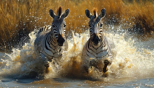 Zebras sprinting through a river, splashing water, vivid colors, actionpacked scene