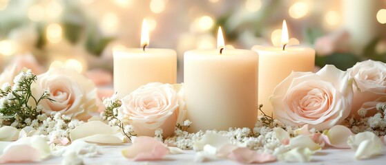 Serene white candles with roses and flower petals, a thoughtful design for funeral memorials, sympathy, and condolences cards in Midjourney