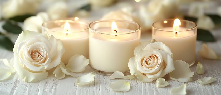 Serene white candles with roses and flower petals, a thoughtful design for funeral memorials, sympathy, and condolences cards in Midjourney