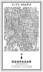 Obraz premium Black and white printable map of Denpasar city Indonesia banner poster design, vector illustration