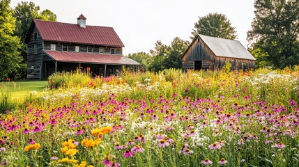 A picturesque scene of a farm with colorful wildflowers and rustic barns.
