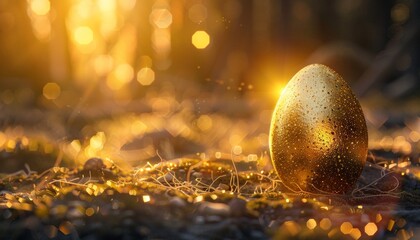 Fototapeta premium Golden Eggs in Nest with Glowing Light