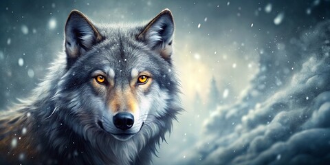 Digital artwork of a wolf with piercing yellow eyes in snowy abstract backdrop