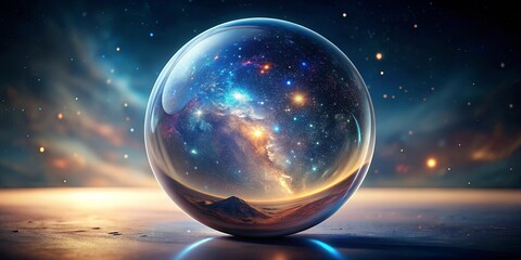 An imaginative concept of the universe contained within a glass sphere
