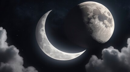 Fototapeta premium Dark sky with close-up waxing crescent moon