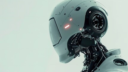 In-depth of an artificially intelligent robot skull placed on a soothing backdrop with an adjacent advert void space, Generative AI.