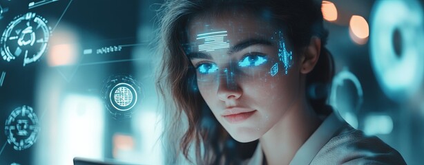 A futuristic environment with a woman using a tablet, a vibrant face recognition hologram scanning her face, and advanced security symbols surrounding her, with a light gray background