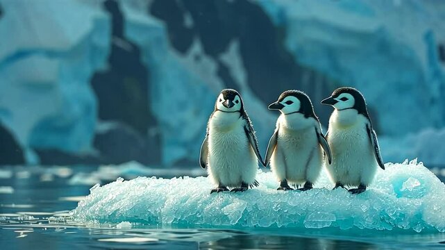 Three adorable penguin chicks standing on a floating ice chunk 