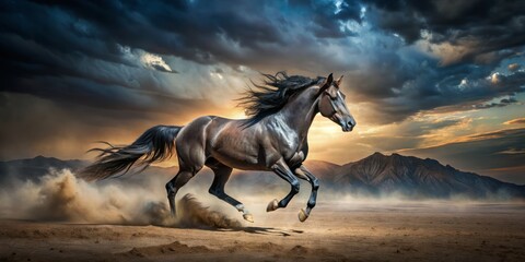 hauntingly beautiful horse running free in dark desert landscape