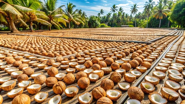 Process of drying copra from dried coconut, showing copra laid out under the sun for drying