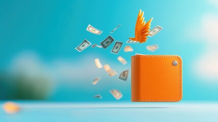 Escape of Finances - Cartoon Wallet with Wings Flying Away Symbolizing Money Loss in Financial Crisis, Copy Space Available