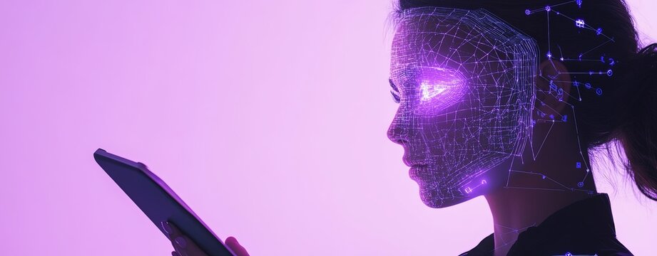 A woman holding a tablet with a glowing face recognition hologram projecting, and layers of data security visuals around, set against a pastel lavender background