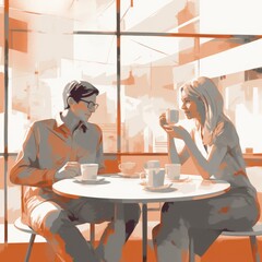 Illustration of Two People Enjoying Coffee in a Modern Cafe, Conversation Over Coffee Cups, Warm Tones