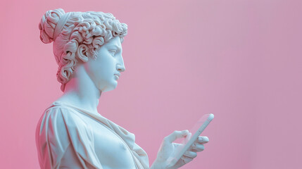 Antique statue holding mobile phone