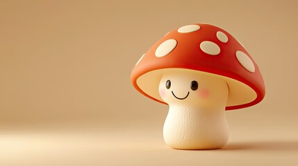 A playful 3D cartoon mushroom with a big smile, standing on a light brown background, symbolizing earthiness and fun.