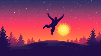 Welcome Merry Christmas in 2025. A young man jump between 2024 and 2025 years over the sun and through on the gap of hill silhouette evening colorful sky. Happy new year. generative ai