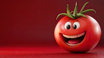 A playful 3D cartoon tomato with a big smile, set on a vibrant red background, perfect for a fresh and healthy theme.