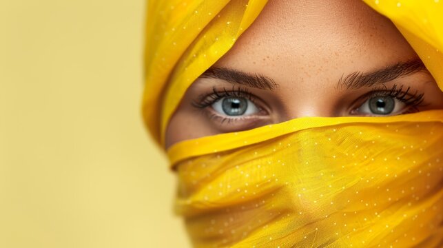  A woman's face, closely framed Yellow veil covering her head Gazing directly ahead, unblinking eyes