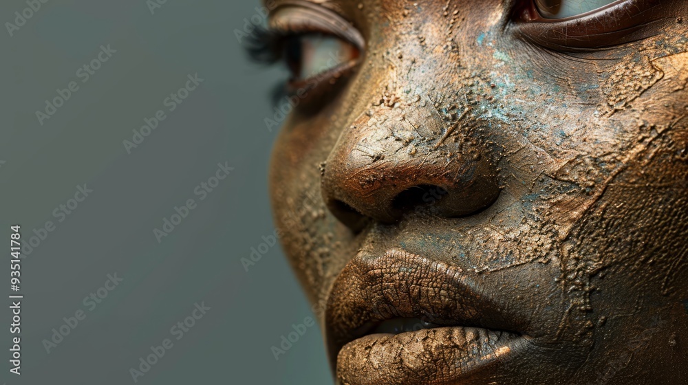 Wall mural a tight shot of a woman's mud-covered face with closed eyes